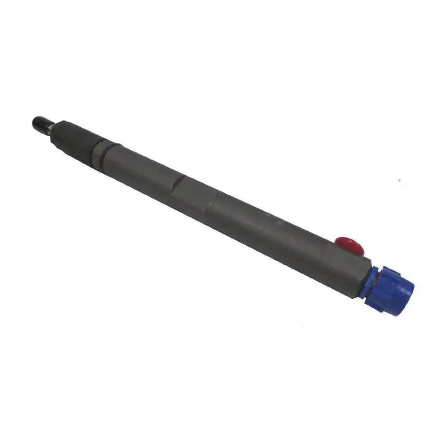 Fuel injector nozzle with blue electrical connector and red cap, dark gray body