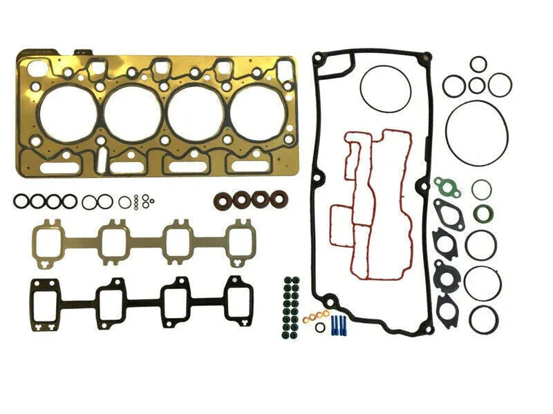 Engine top gasket set with metal and rubber sealing pieces, multiple shapes