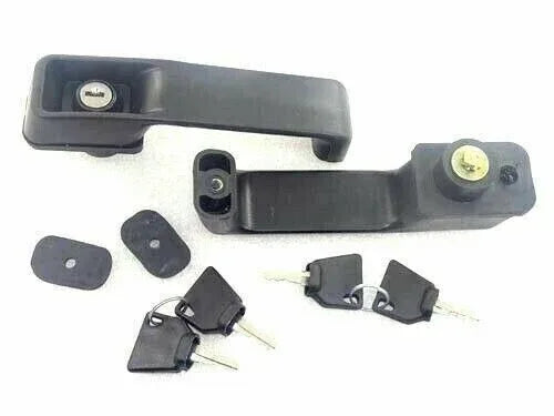 JCB 3DX 3CX door lock handle set in black plastic with keys for secure access