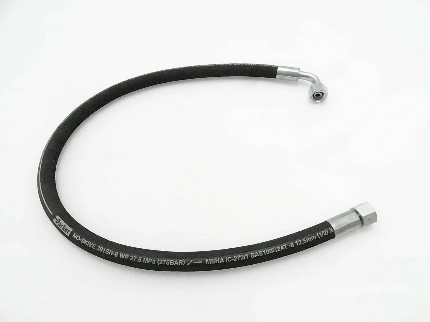 Black hydraulic hose with metal swivel fitting and short end connector