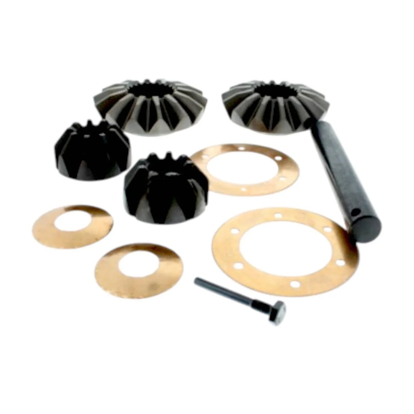 JCB differential gear set components including gears, washers, and a pin for optimal performance