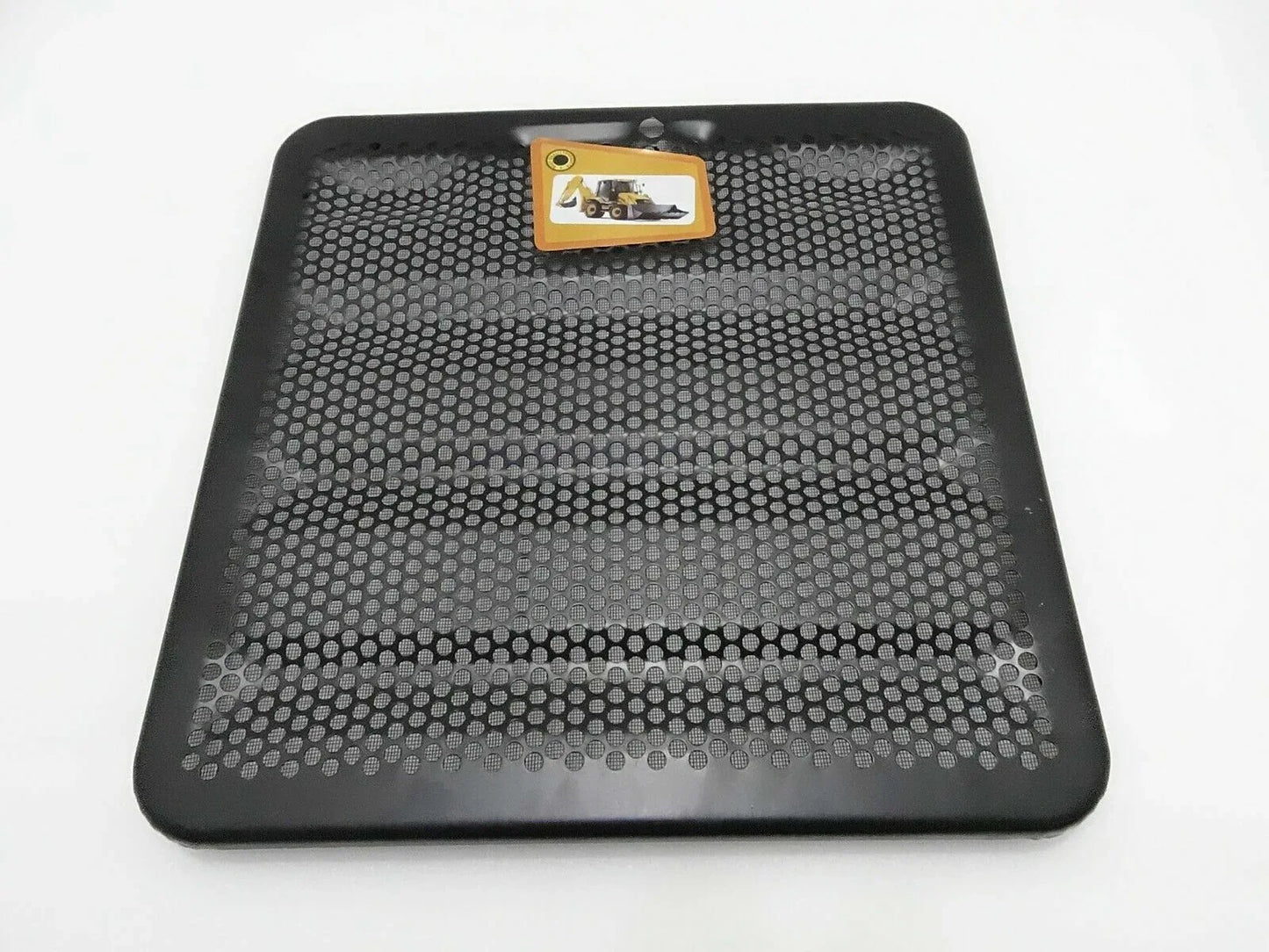 Front mesh grill panel with rectangular badge, dark gray/black