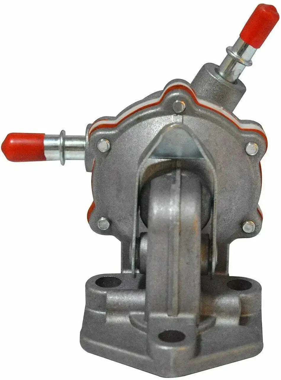 Fuel lift pump with metal housing and red inlet/outlet fittings