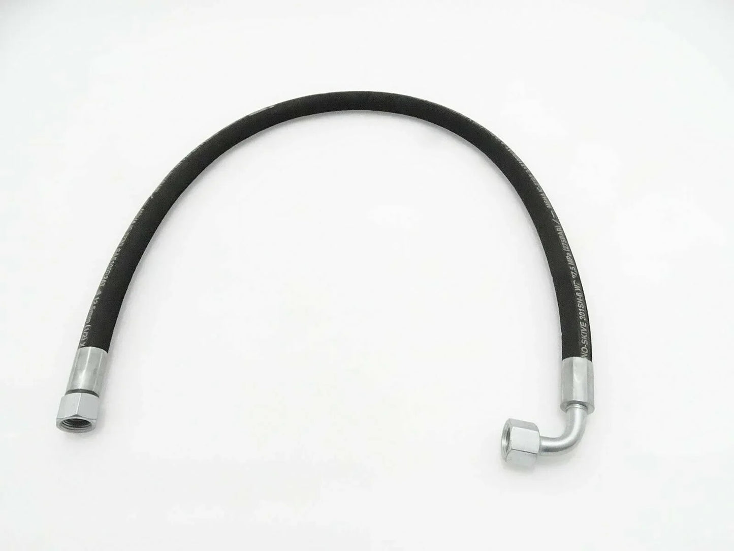Black hydraulic hose with curved metal fittings, 1/2 BSP
