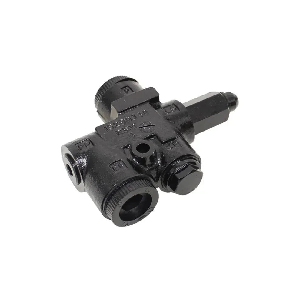 Steering control valve, black metal with two side ports and adjustment knob
