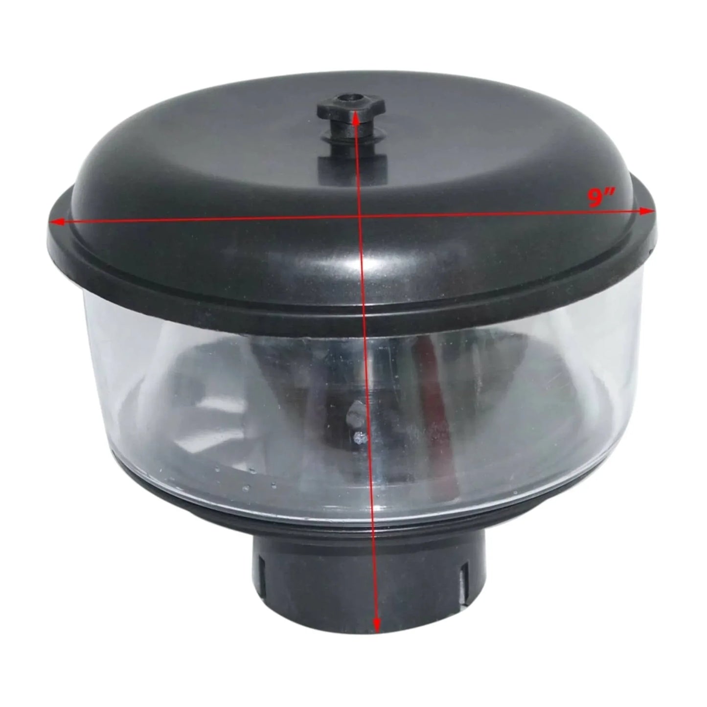 JCB tractor pre air cleaner bowl with a clear body and black top, measuring 9 inches in diameter