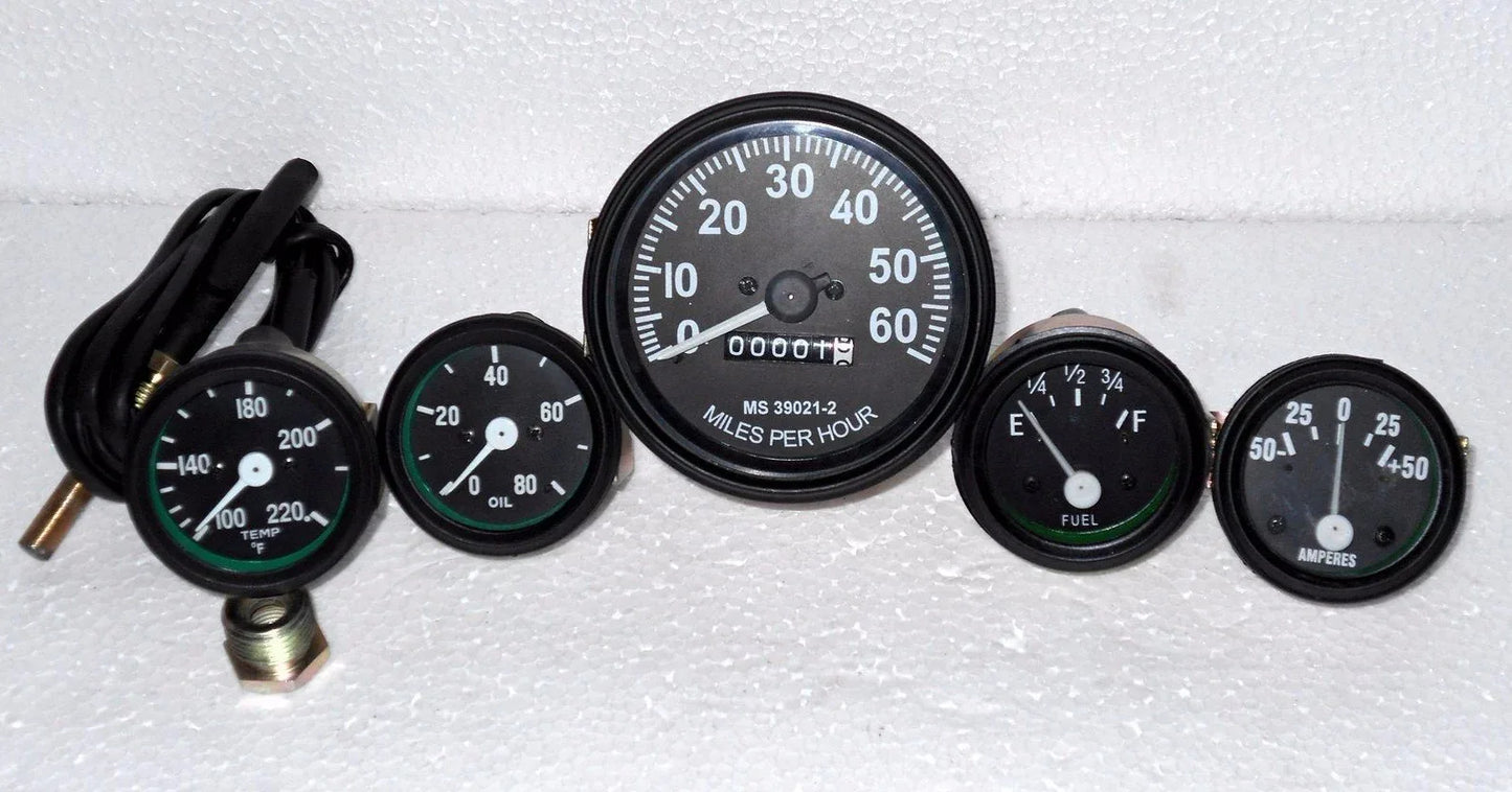 Speedometer gauge kit with five round gauges, black bezels, white markings, 12V