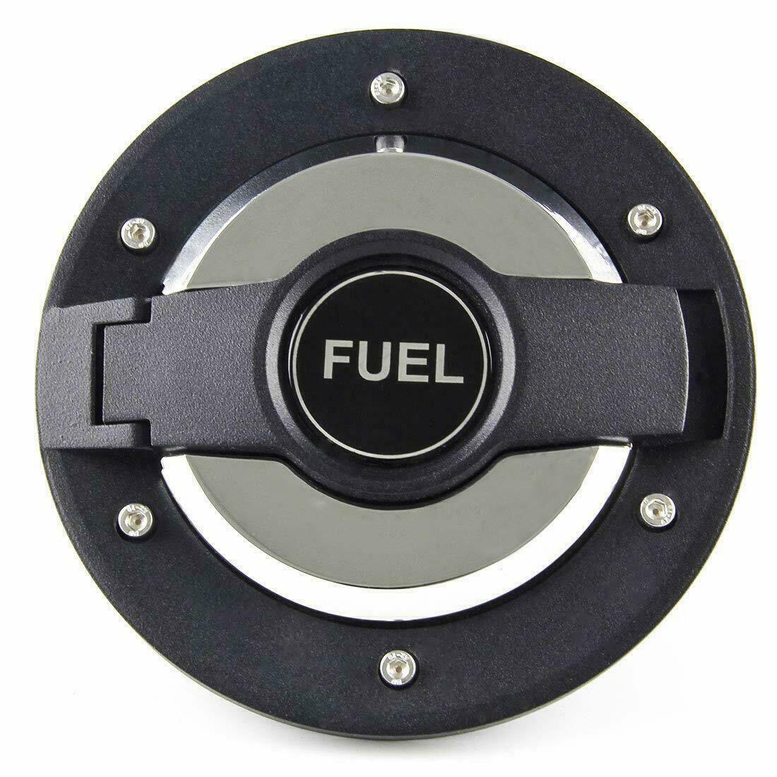 Fuel cap lid cover, round black with raised fuel label and four silver screws