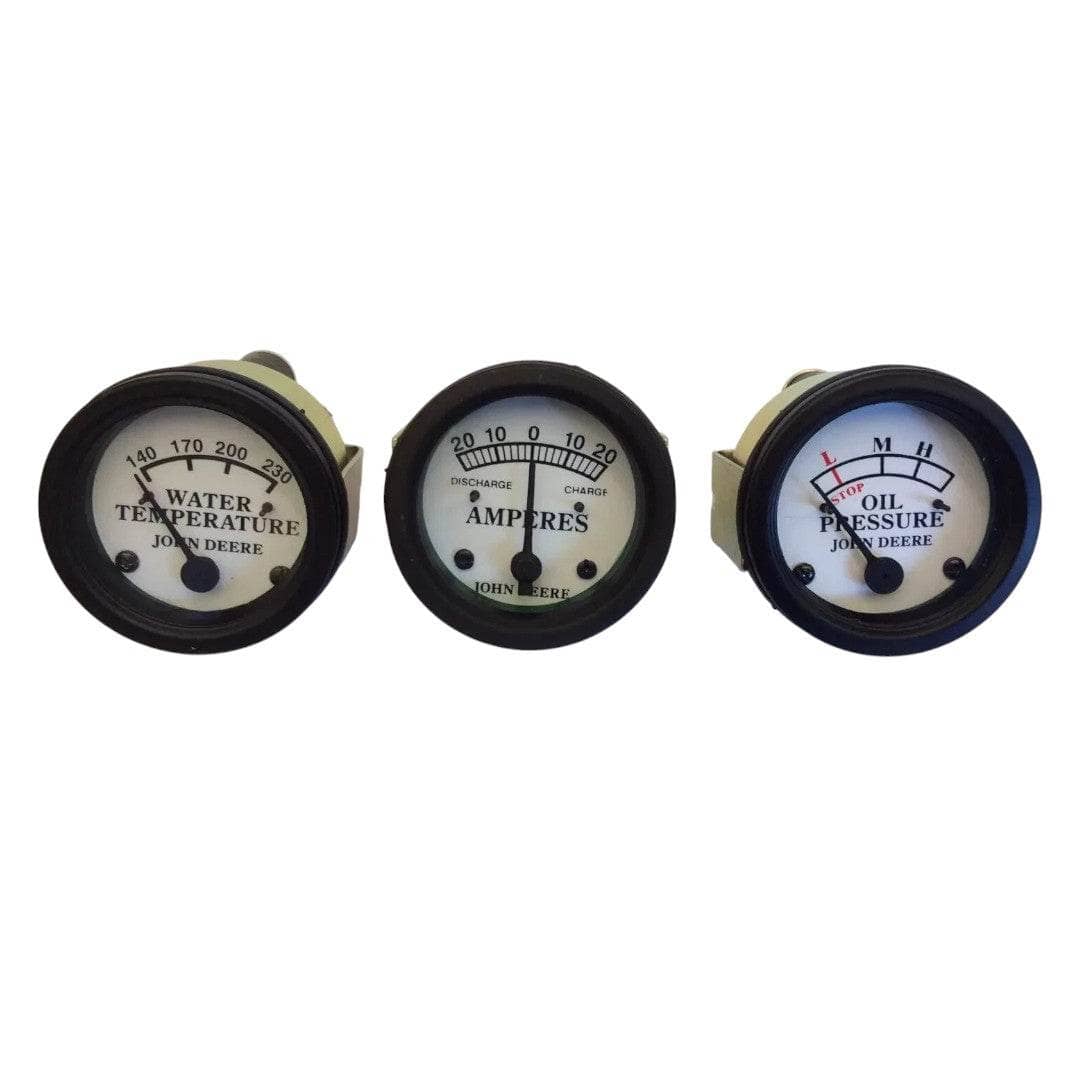 John Deere B gauge set featuring oil, temperature, and amp gauges for vehicle monitoring