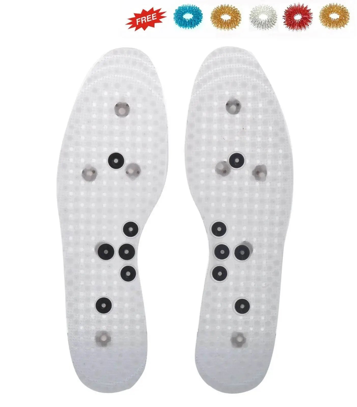 Magnetic foot insoles with acupressure points and free Sujok rings included