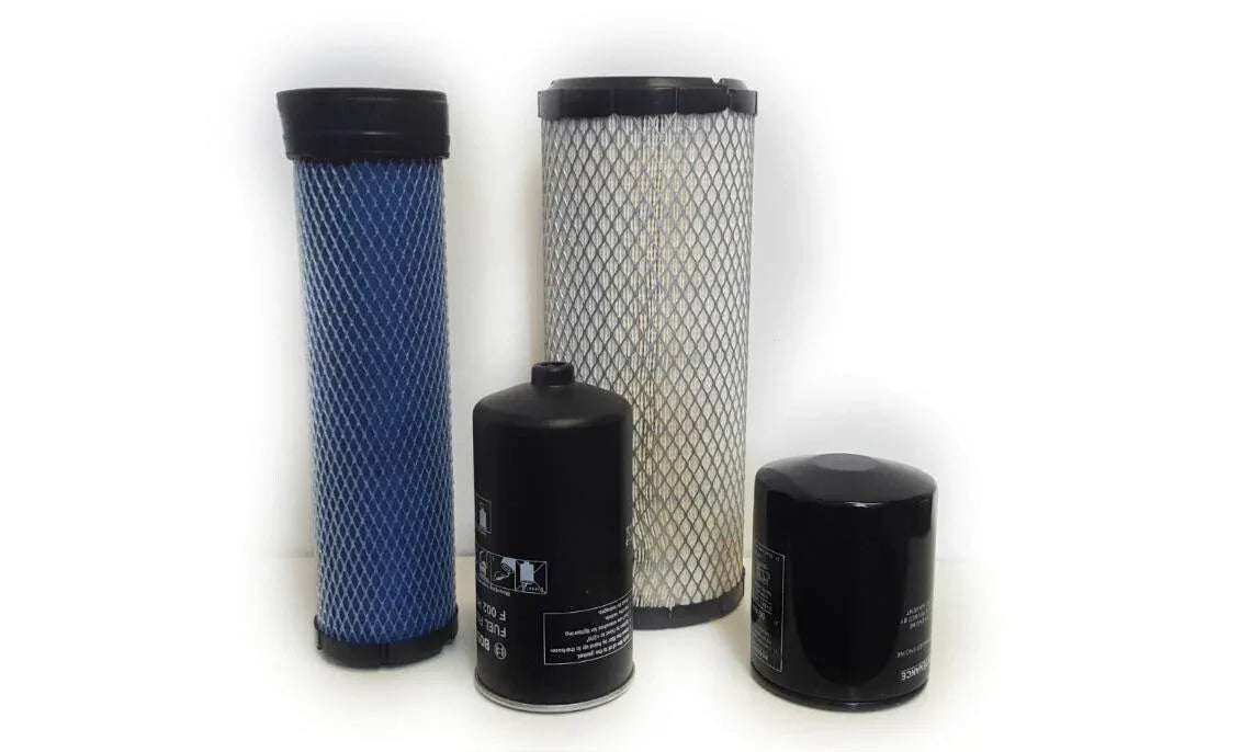 Tractor filter pack: blue pleated, white mesh, two black cylindrical filters