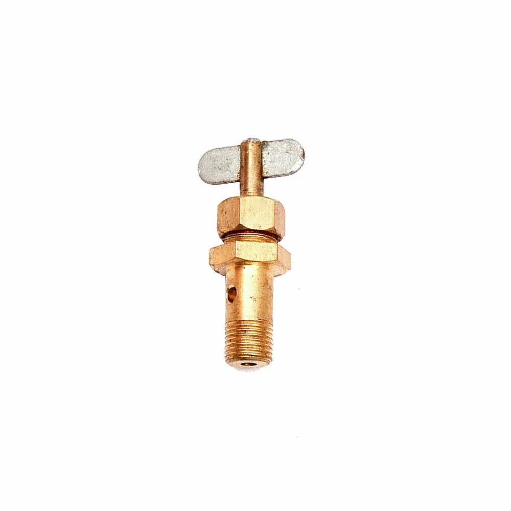 Tractor fuel tap valve, brass tone with lever handle and threaded outlet