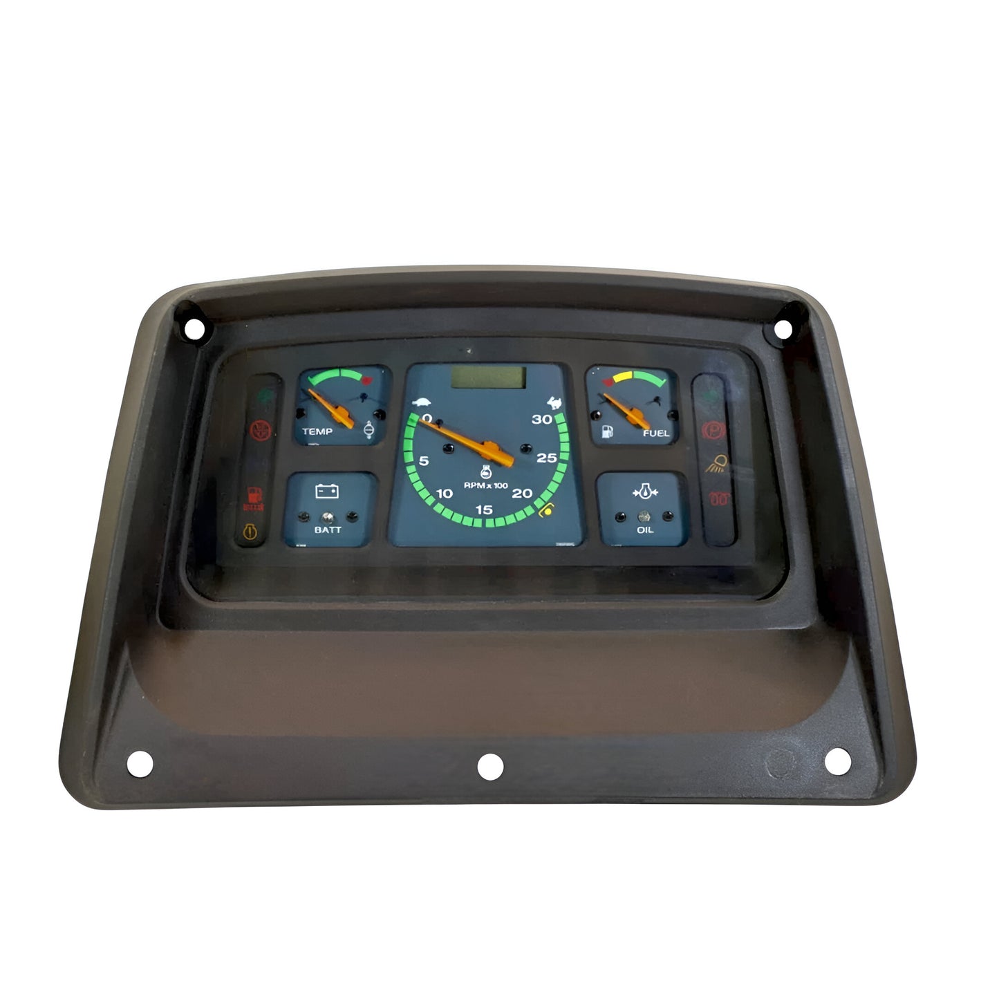 Mahindra tractor instrument panel cluster with gauges for temperature, oil, and battery levels