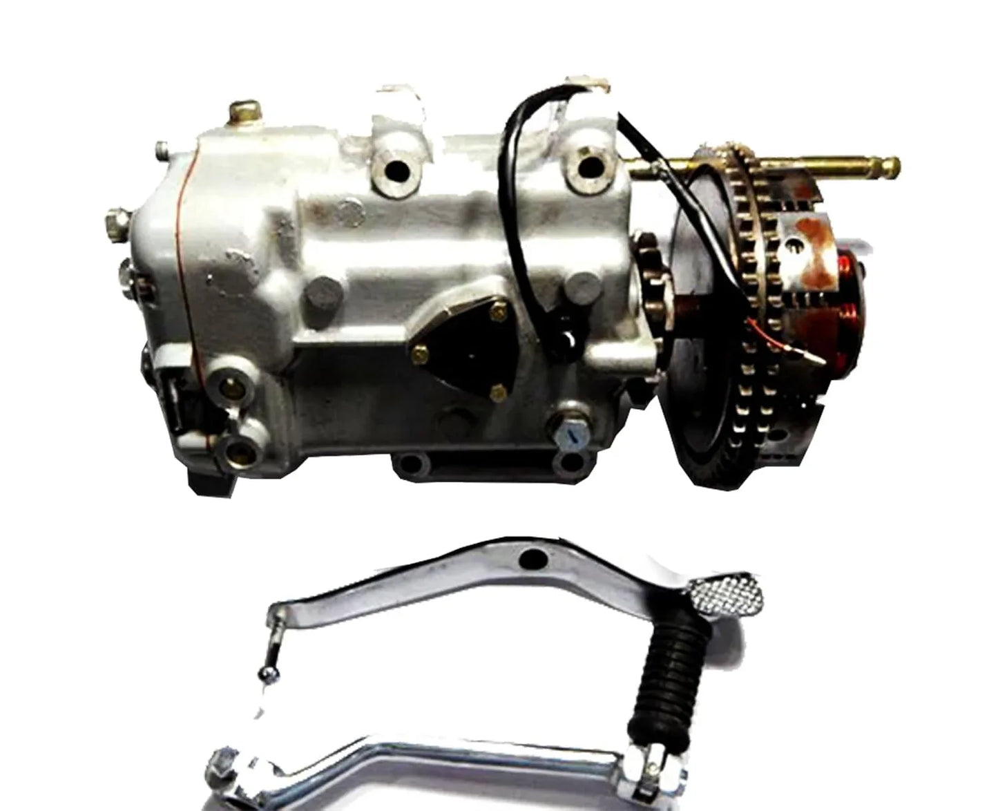 5-speed gearbox with kick lever and gear shifter levers, silver metal and black grips
