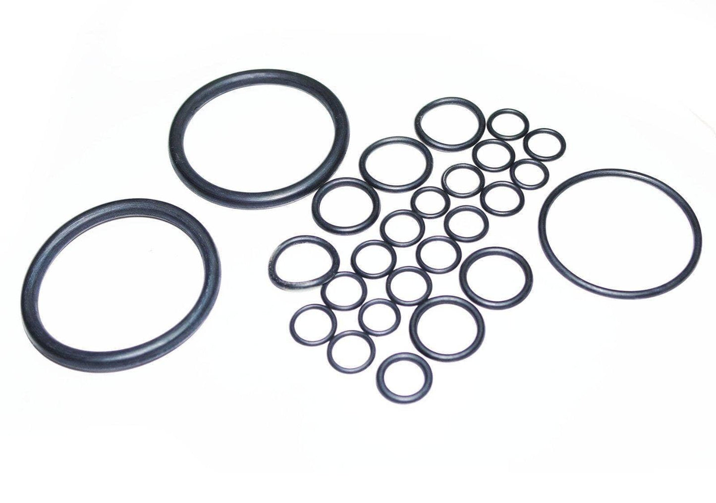 Hydraulic lift O-ring kit with multiple black rubber O-rings in mixed sizes