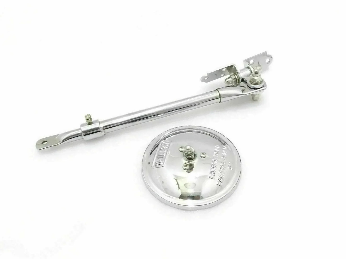 Chrome round mirror with adjustable arm and mounting bracket
