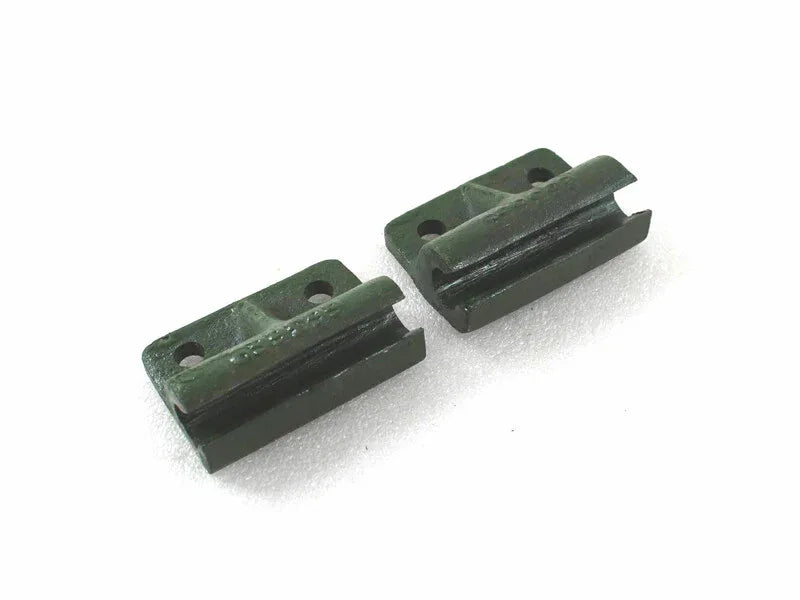 Metal tailgate door hinge brackets with screw holes, dark green finish
