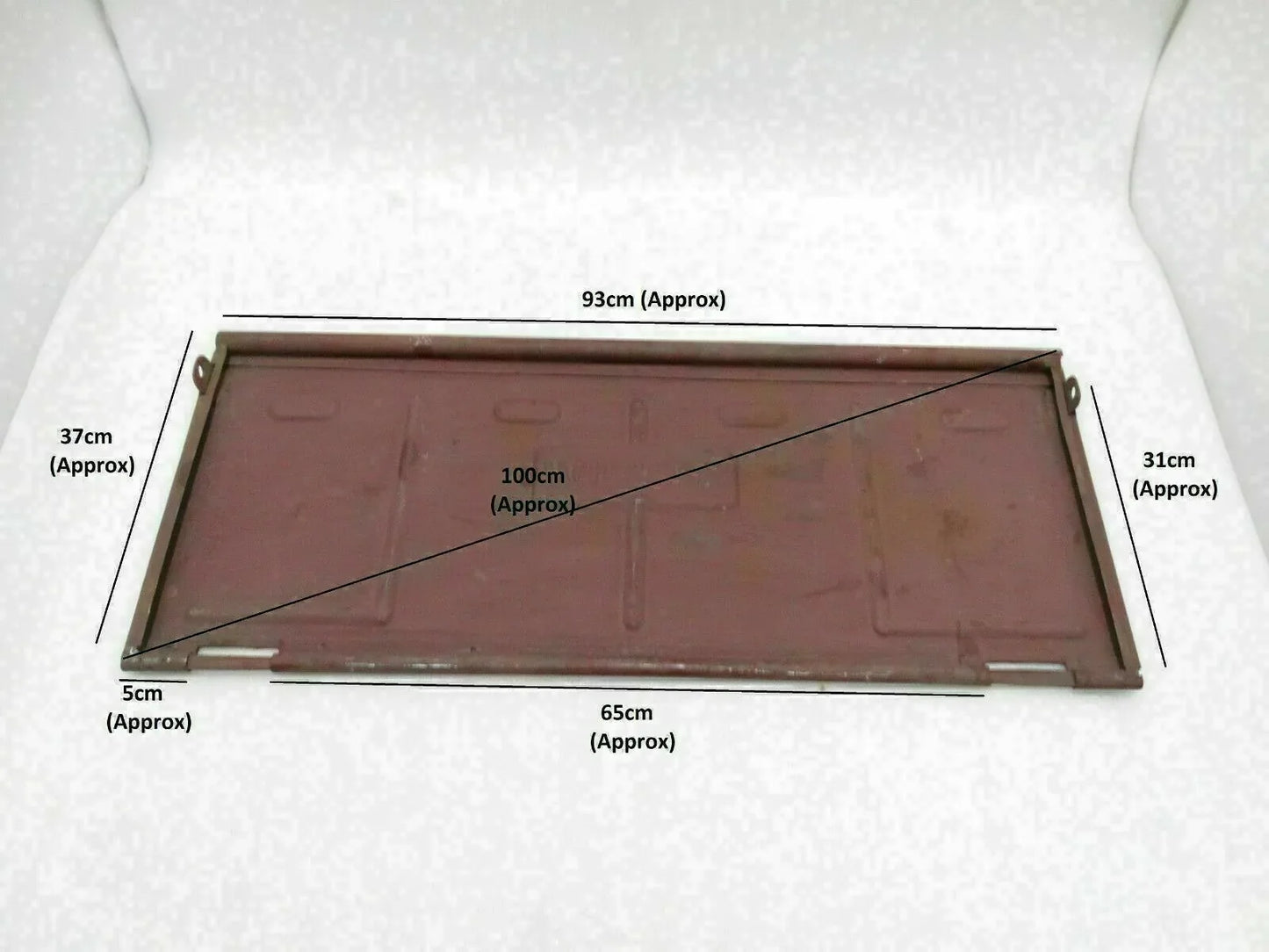 Raw steel tail gate panel with metal frame, rectangular