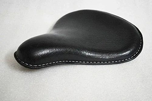 Black leather motorcycle seat with white double-stitched edge and curved top