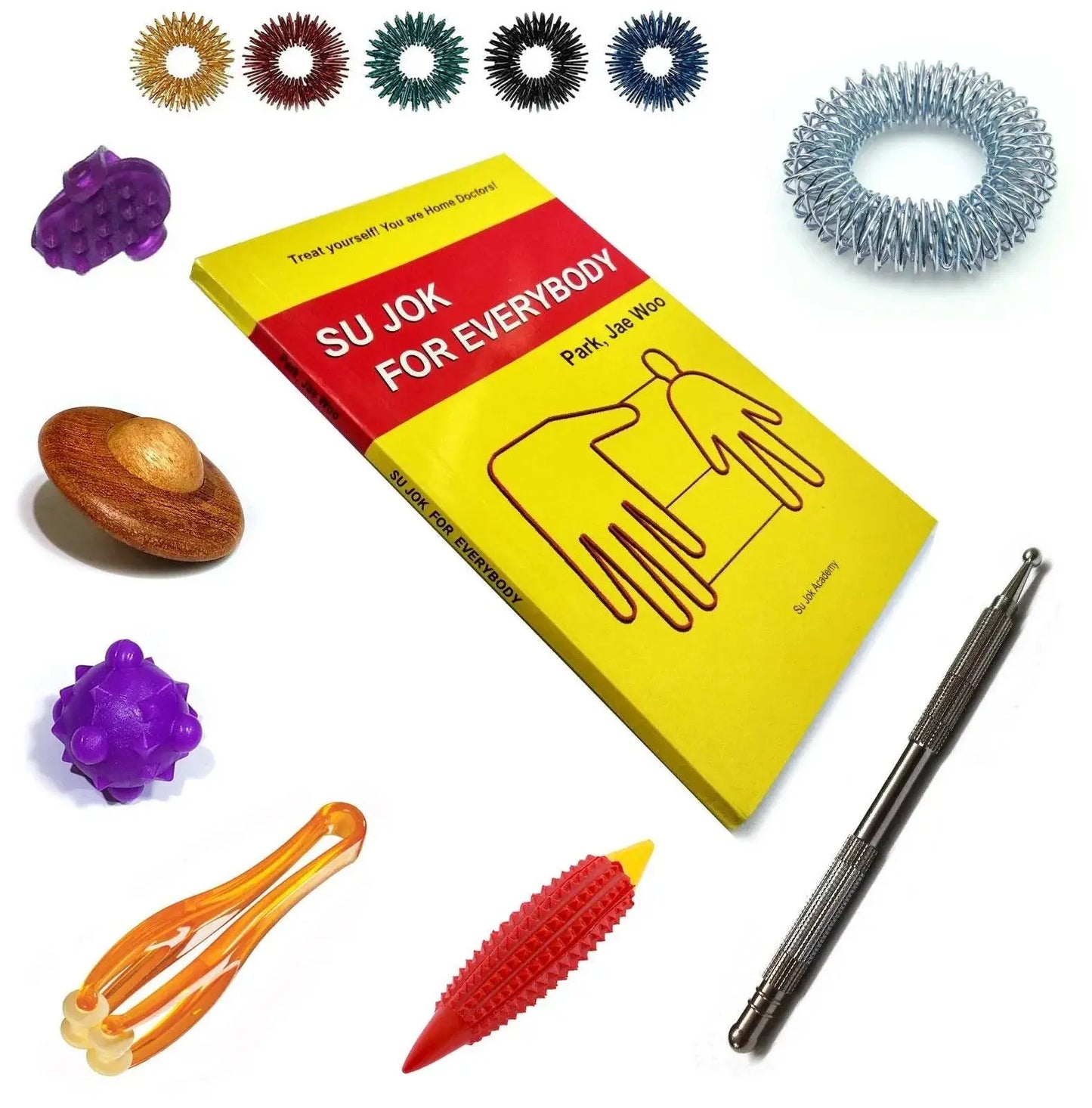Prof. Park Jae Woo sujok book with an 8 in 1 acupressure kit featuring colorful acupressure tools