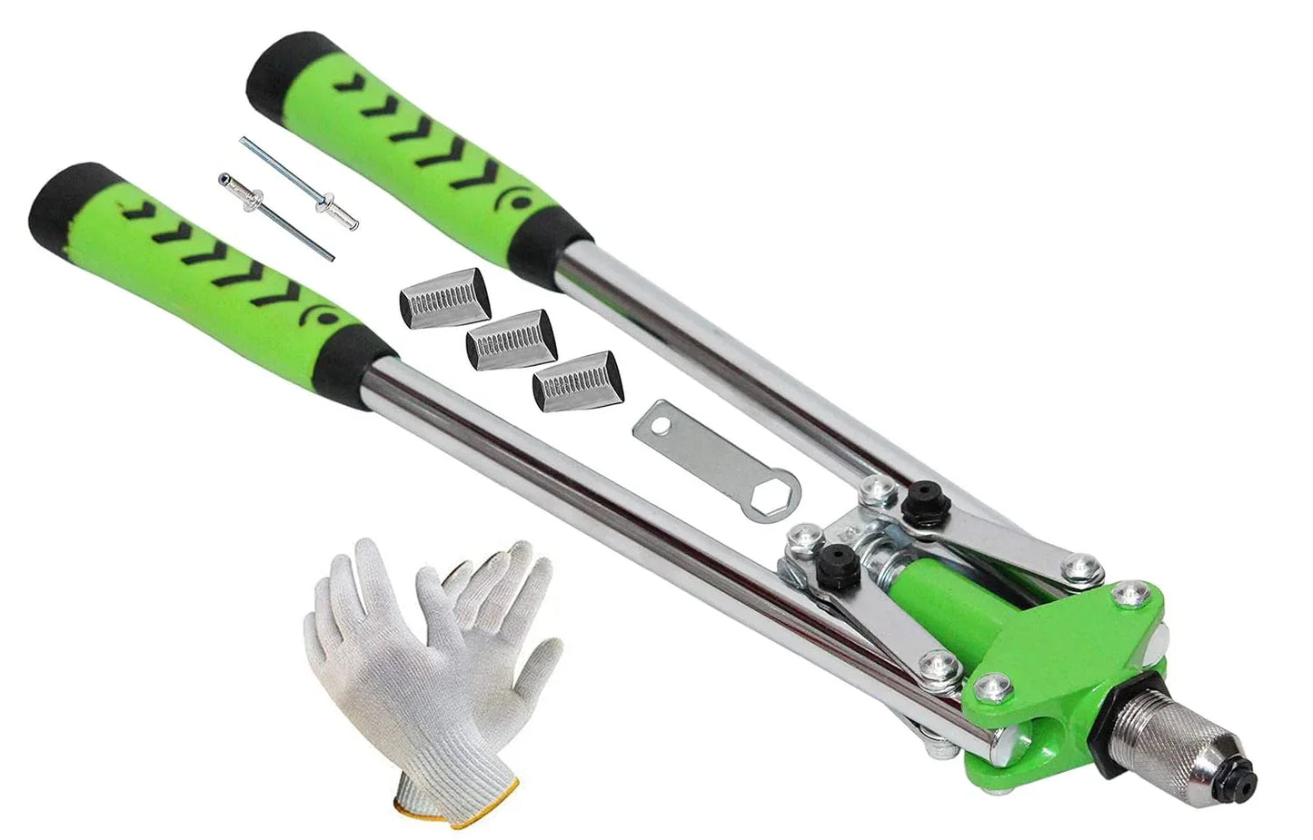 Steel pop rivet pliers with green rubber grips, ideal for fastening metal sheets and parts safely