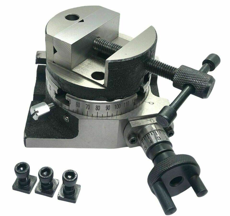 Precision rotary table with vice featuring adjustable clamping and fixing T-nuts bolts for metalworking tasks