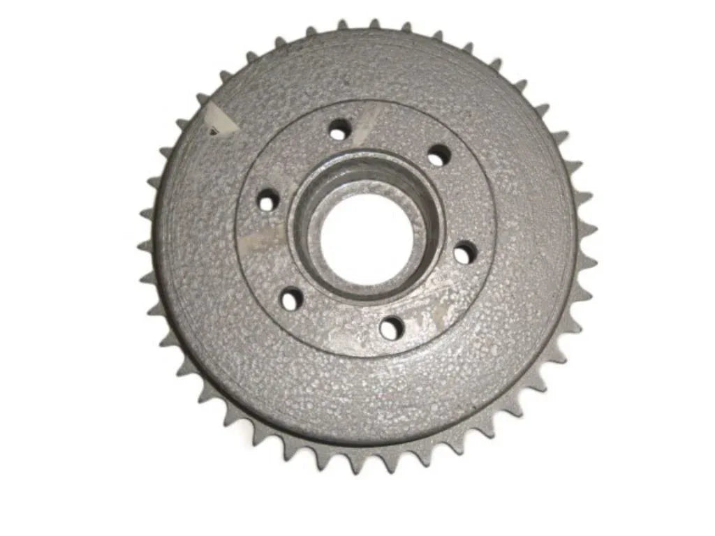 Metal rear sprocket with gear teeth and 5 bolt holes, gray finish
