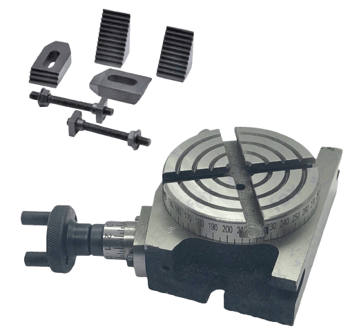 Horizontal and vertical precision rotary table with clamping kit for accurate work setups