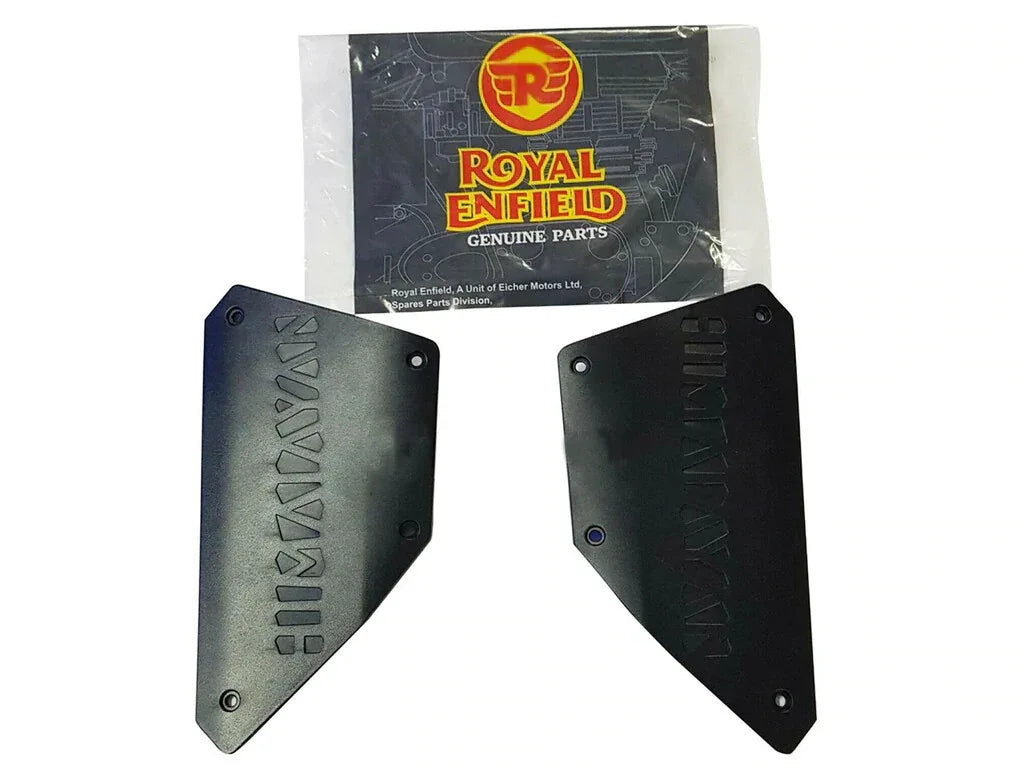 Royal Enfield side panels, durable black plastic, designed for motorcycle customization and protection