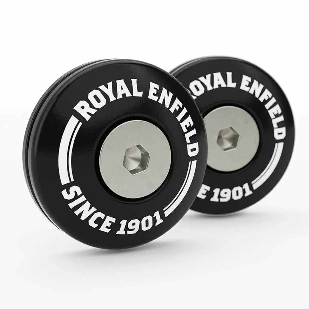 Royal Enfield Bar End Finisher Kit, black metal, designed for enhancing motorcycle handlebars
