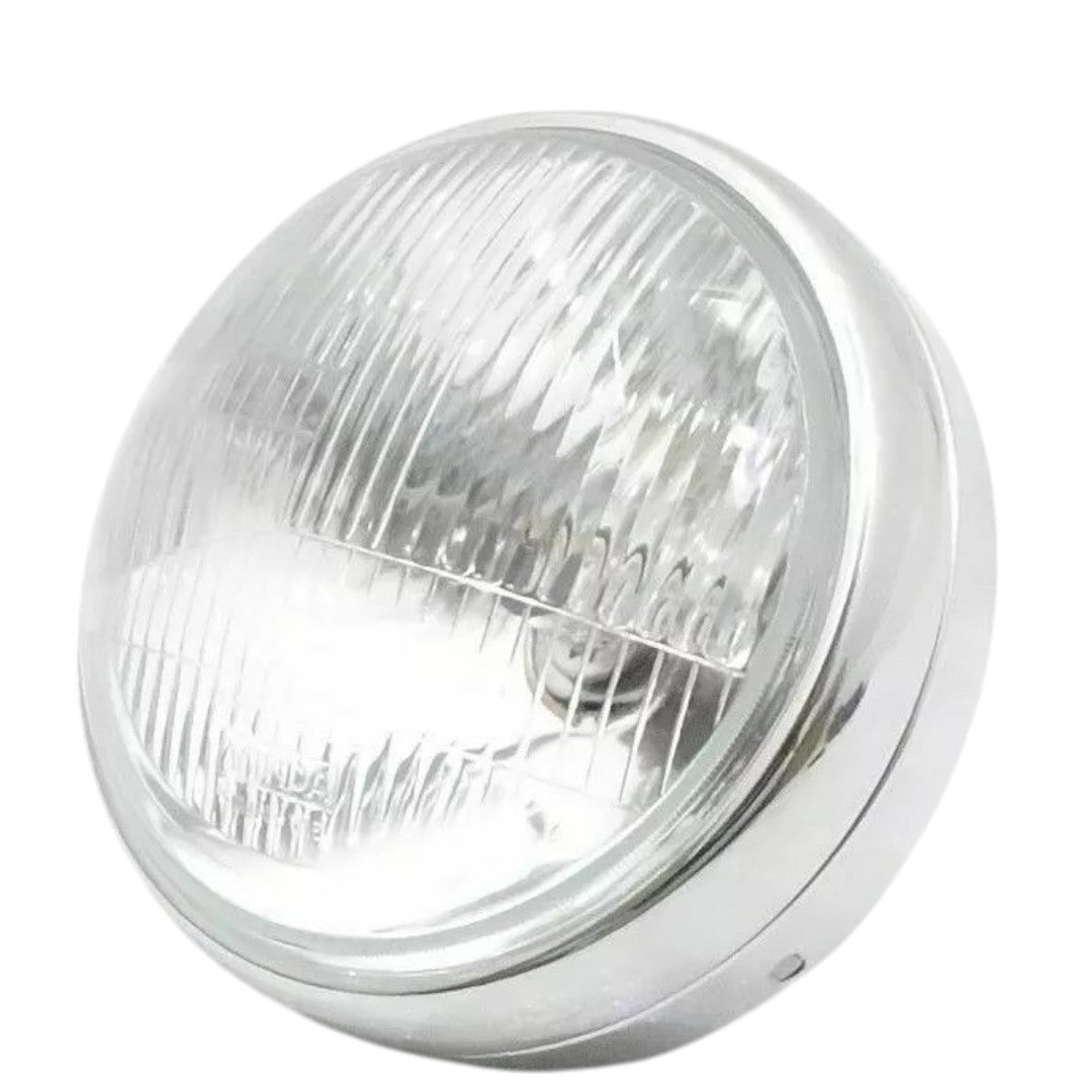 Royal Enfield Bullet headlight with chrome housing and clear lens for enhanced visibility