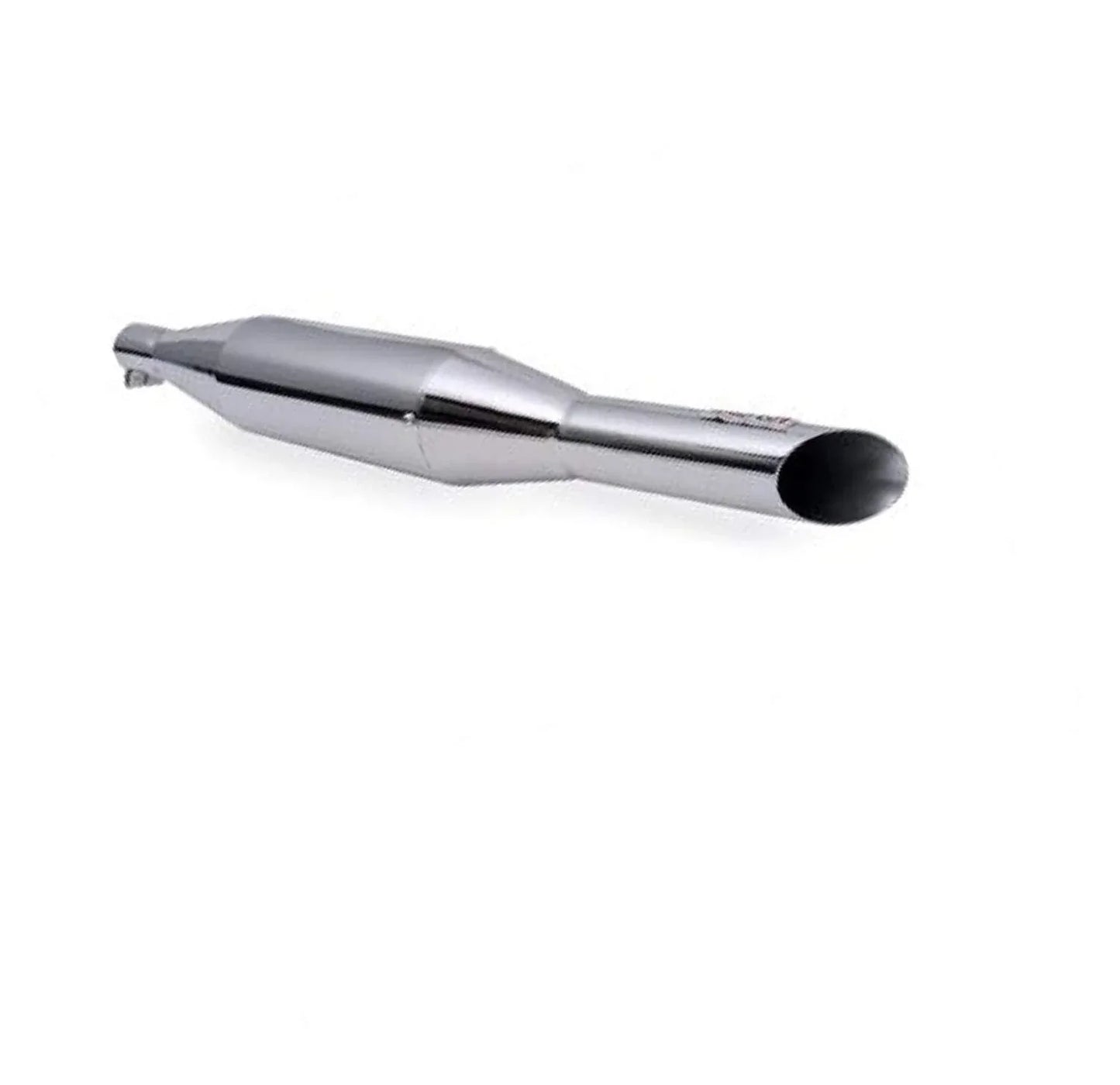 Royal Enfield silencer, chrome finish, designed for improved exhaust flow and sound reduction.
