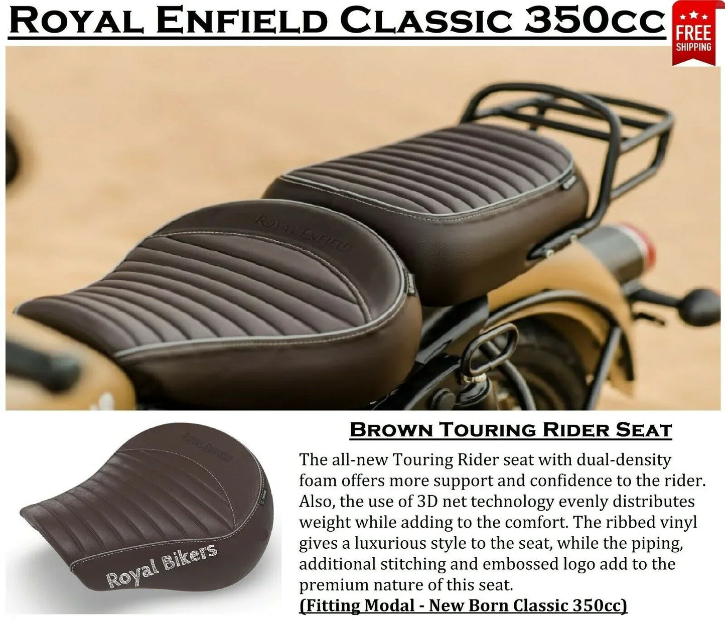 Royal Enfield touring rider seat, leather, dual-density foam for comfort and support on Classic 350cc motorcycles