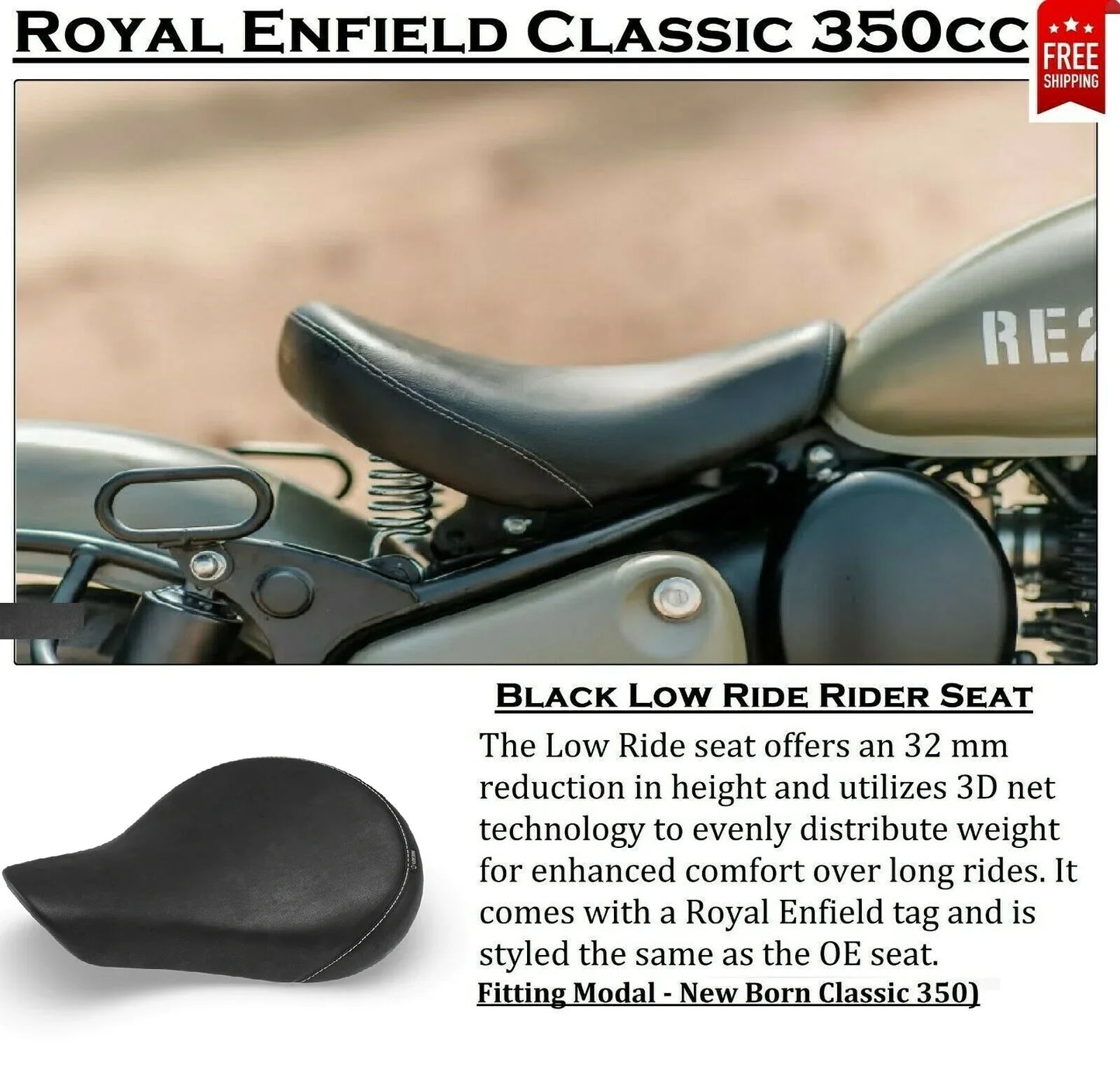 Royal Enfield Classic 350cc Low Ride Rider Seat, black, designed for comfort on long rides.