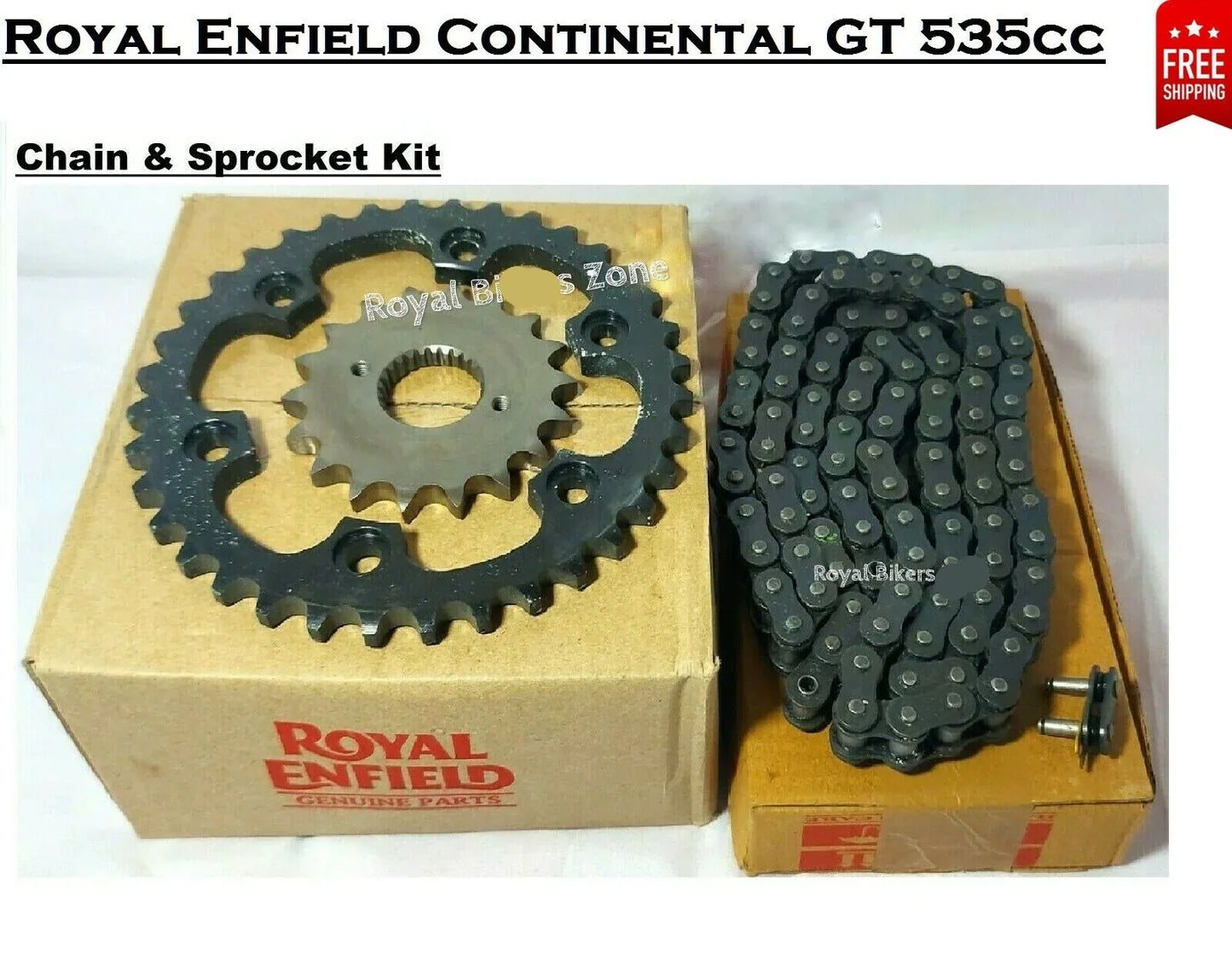 Royal Enfield chain and sprocket kit, including metal sprocket and durable chain, designed for Continental GT 535cc