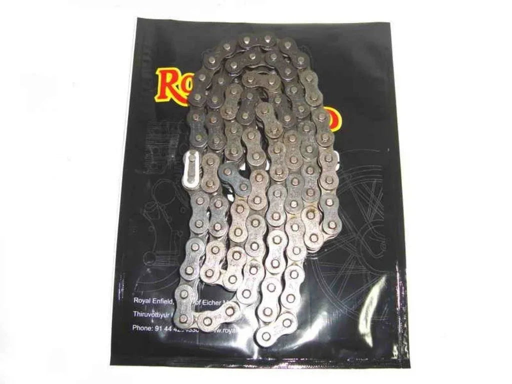 Motorcycle drive chain, metal, 120 links, ideal for enhancing performance in vehicles like a drive through coffee chain