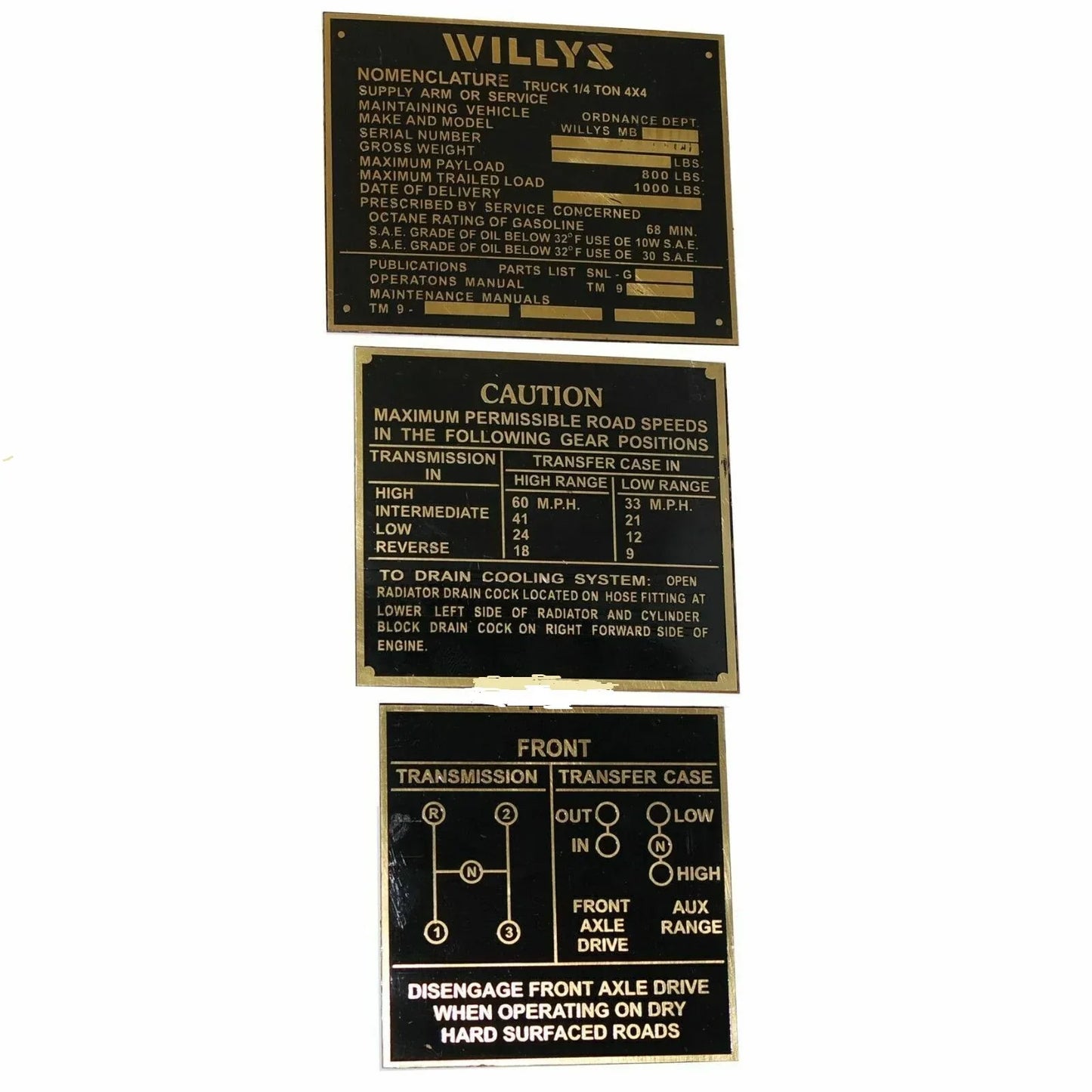 FIT FOR Jeeps Willys Ford CJ2A CJ3A CJ3 Brass Black Dash Data Plate 3 Unit - StellerGear