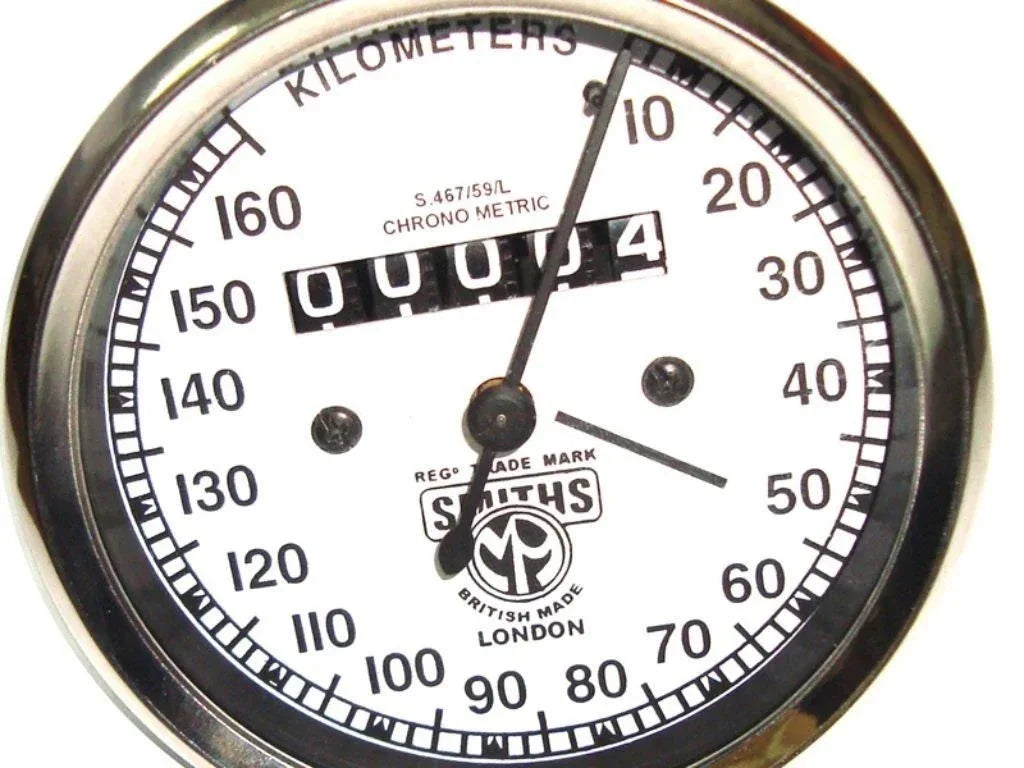 Vintage Triumph speedometer gauge face with white dial and 0–160 km/h scale
