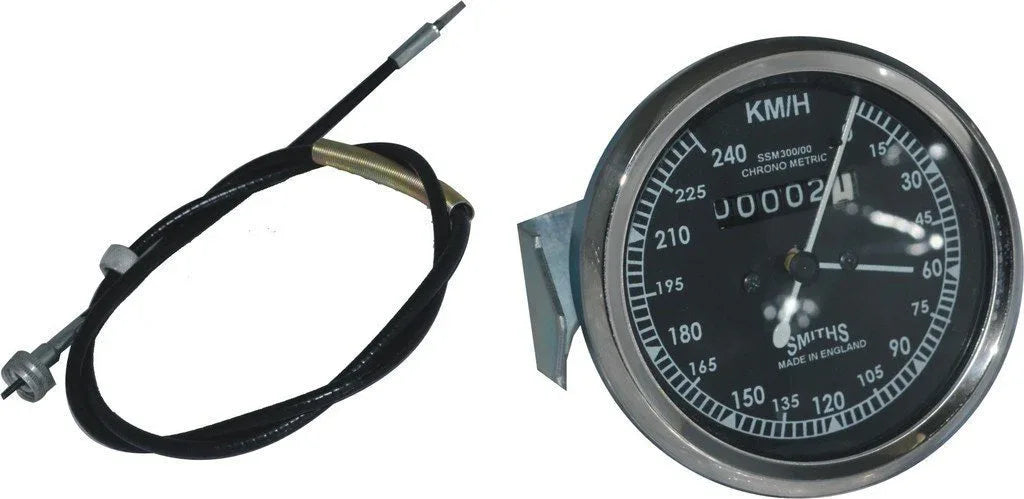 Black-faced Smiths speedometer with KM/H dial and attached cable