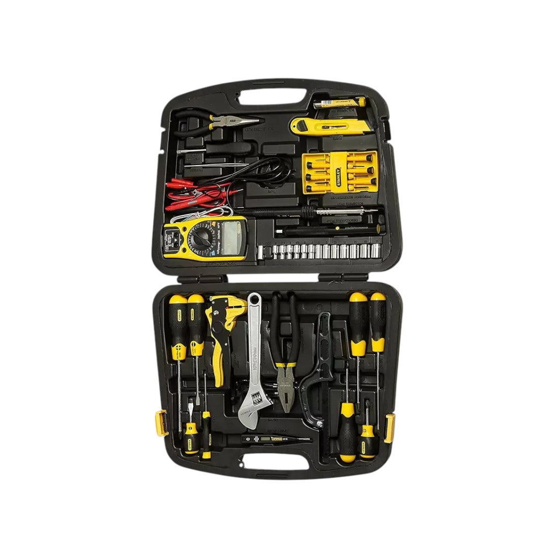 Stanley 53 piece telecom tool kit in black case with yellow and black handled tools for telecommunications
