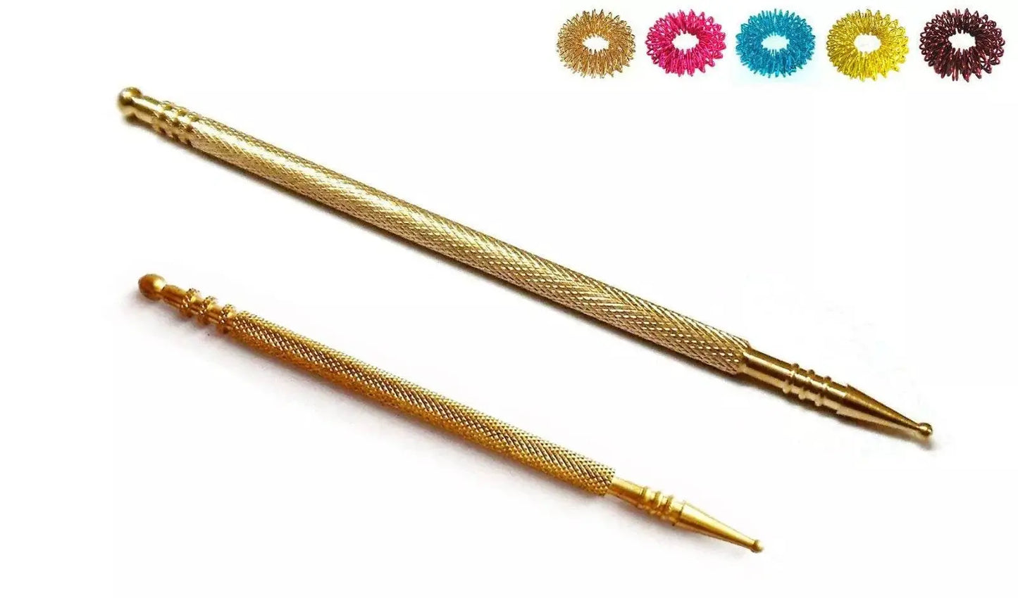 Sujok acupressure probe set featuring long and slim golden probes with colorful rings