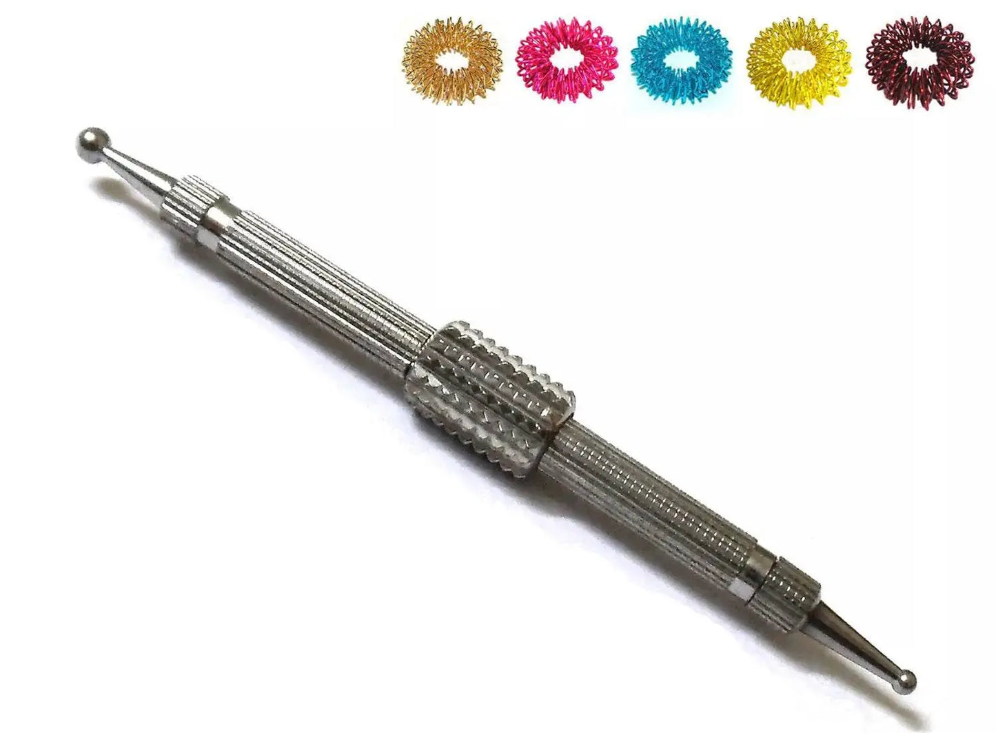 Sujok acupressure probe with dismandable roller and colorful rings for effective acupressure therapy