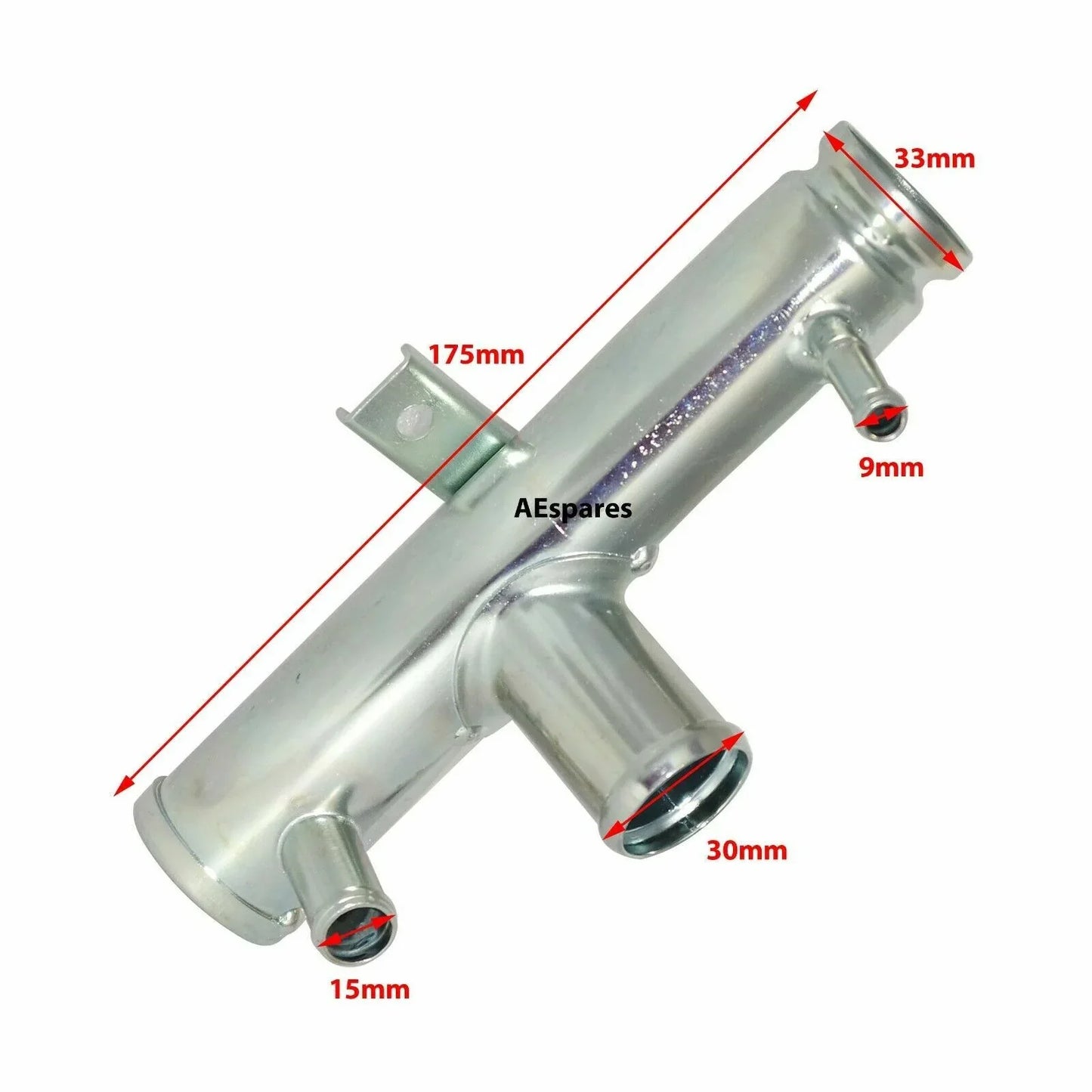 Metallic water inlet pipe fitting with mounting bracket and two hose ports