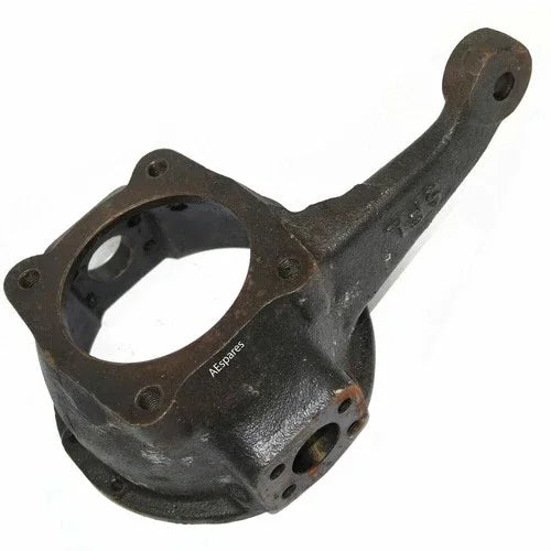 Steering knuckle assembly with mounting bracket and bolt holes, dark metal finish
