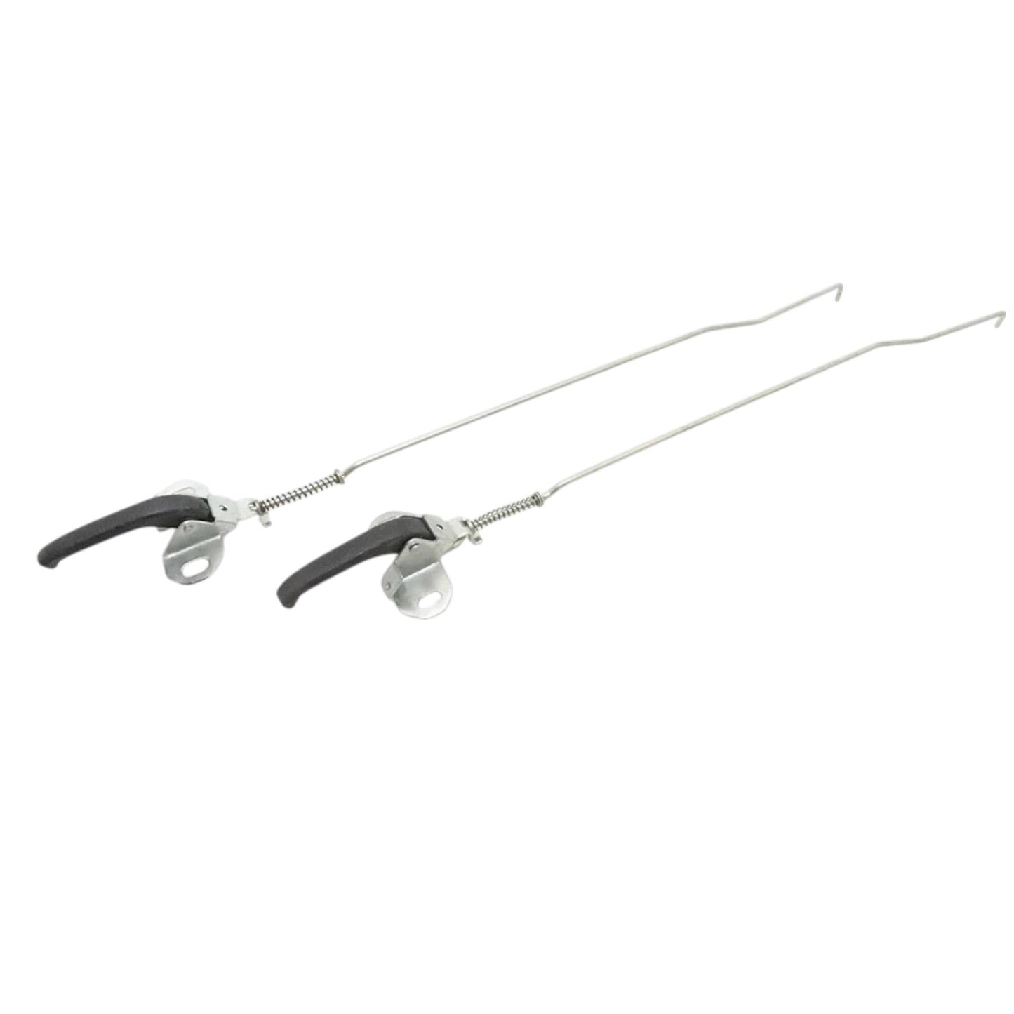Interior door latch assembly pair with black handle levers and long metal rods