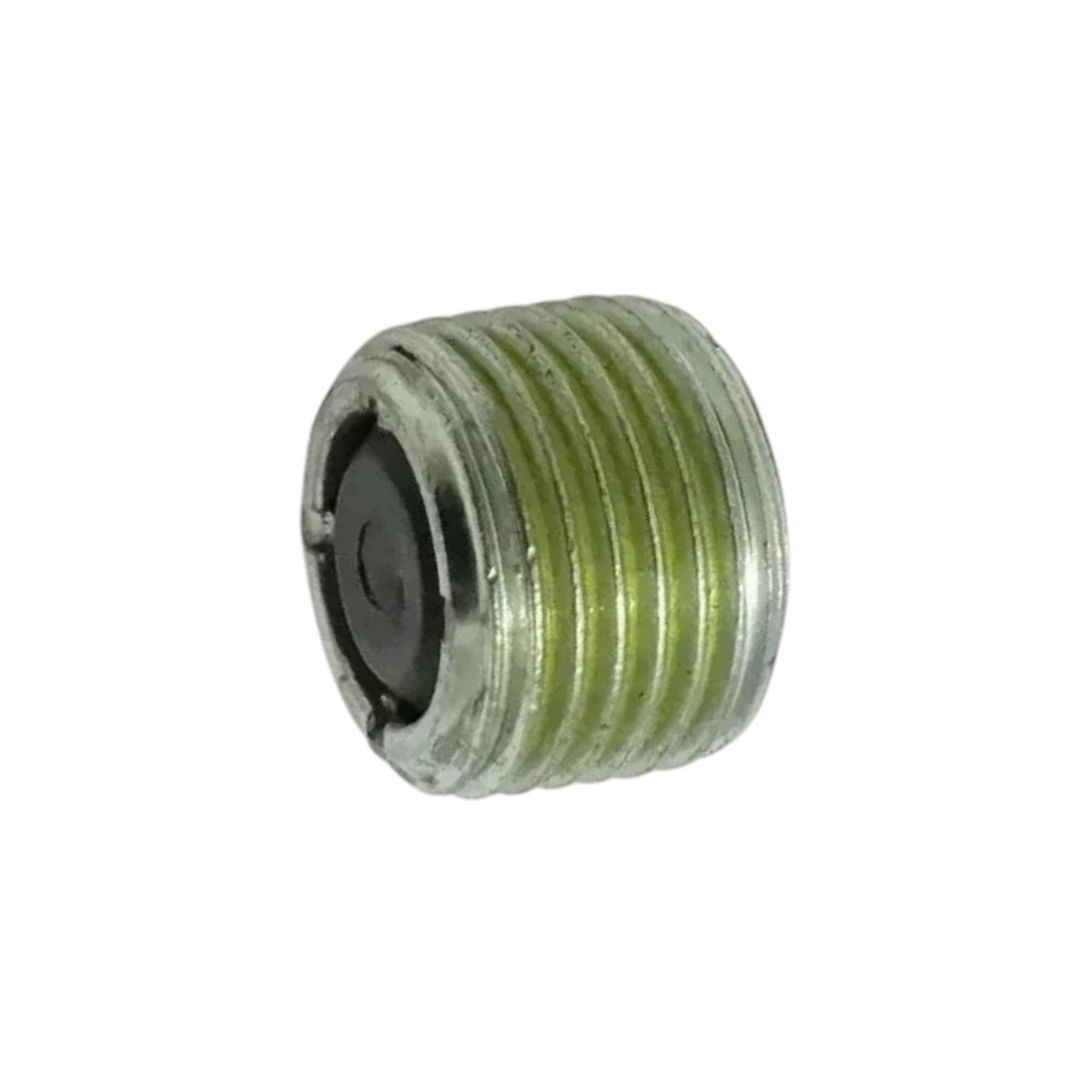 Oil drain plug with green-tinted threads and dark internal hex drive