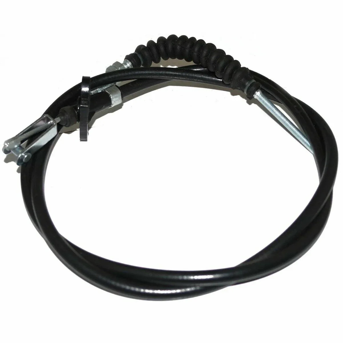 Clutch cable with black rubber hose and metal bracket