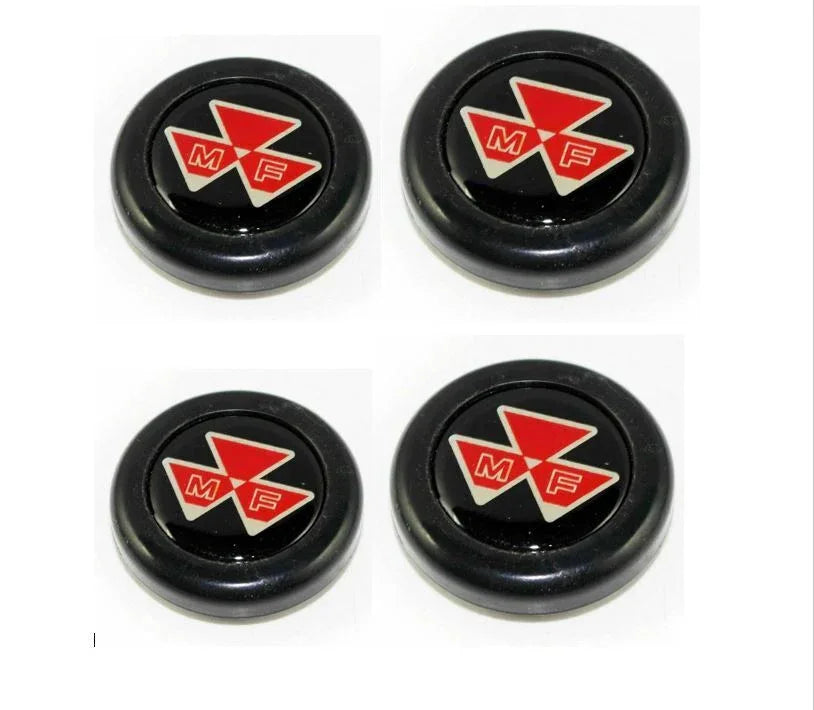 Set of four black tractor supply cap covers with red and white logo for steering wheels
