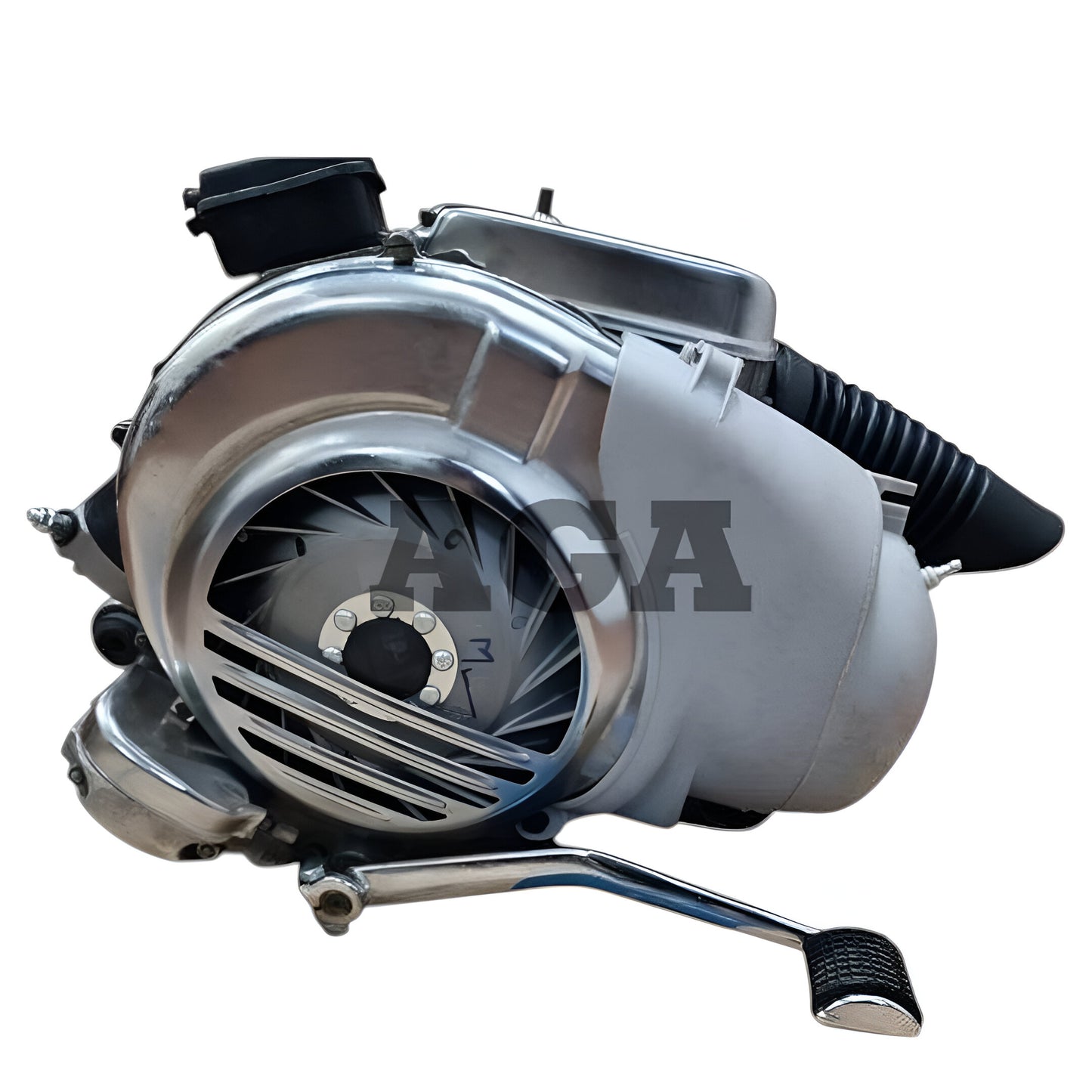 Aftermarket kick start Vespa engine with chrome components for enhanced performance