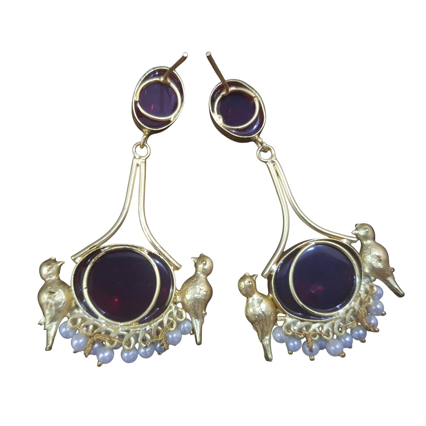 Vintage bird dangle earrings with purple stones and pearl details for an elegant look